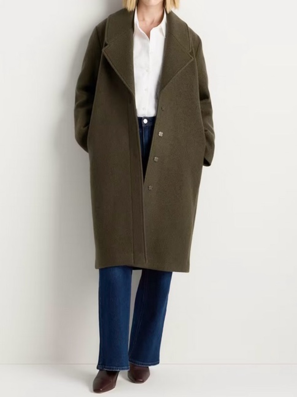 NWT Quince 100% Merino Wool Shawl Collar Long Coat in Olive Grove Size Medium